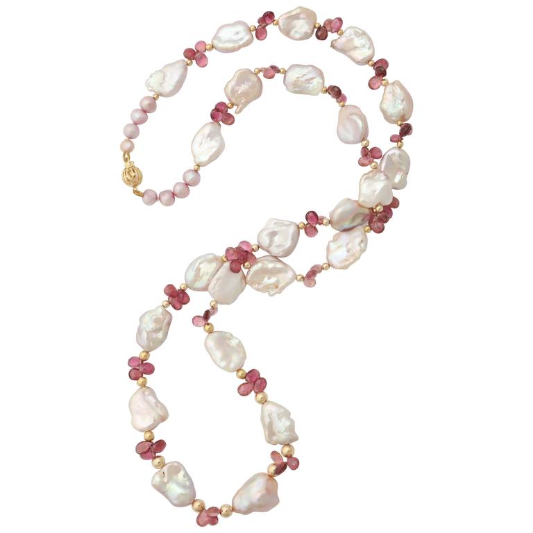 Luscious Pink Tourmaline and Pink Baroque Pearl Necklace For Sale at ...