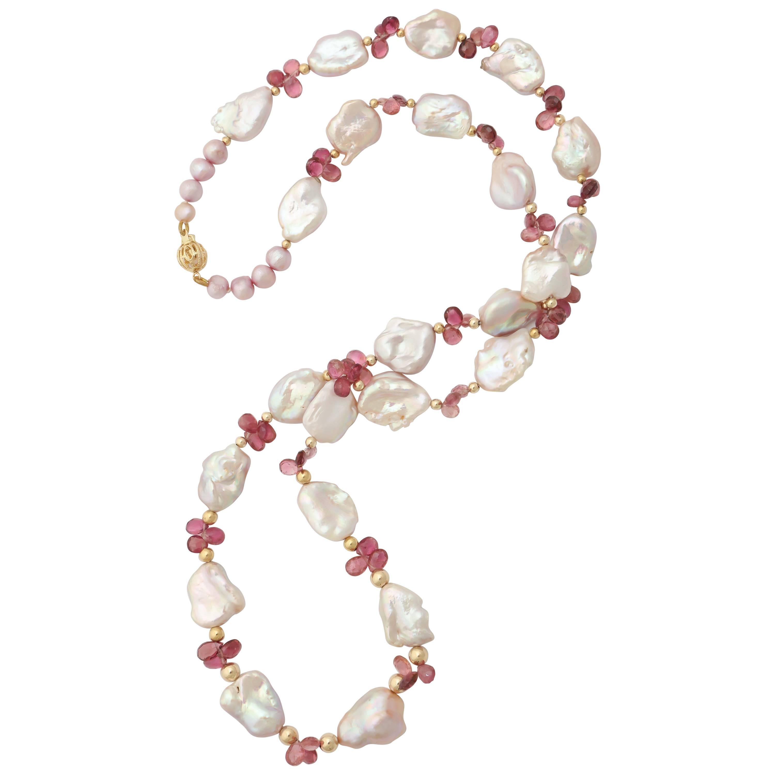 Luscious Pink Tourmaline and Pink Baroque Pearl Necklace For Sale