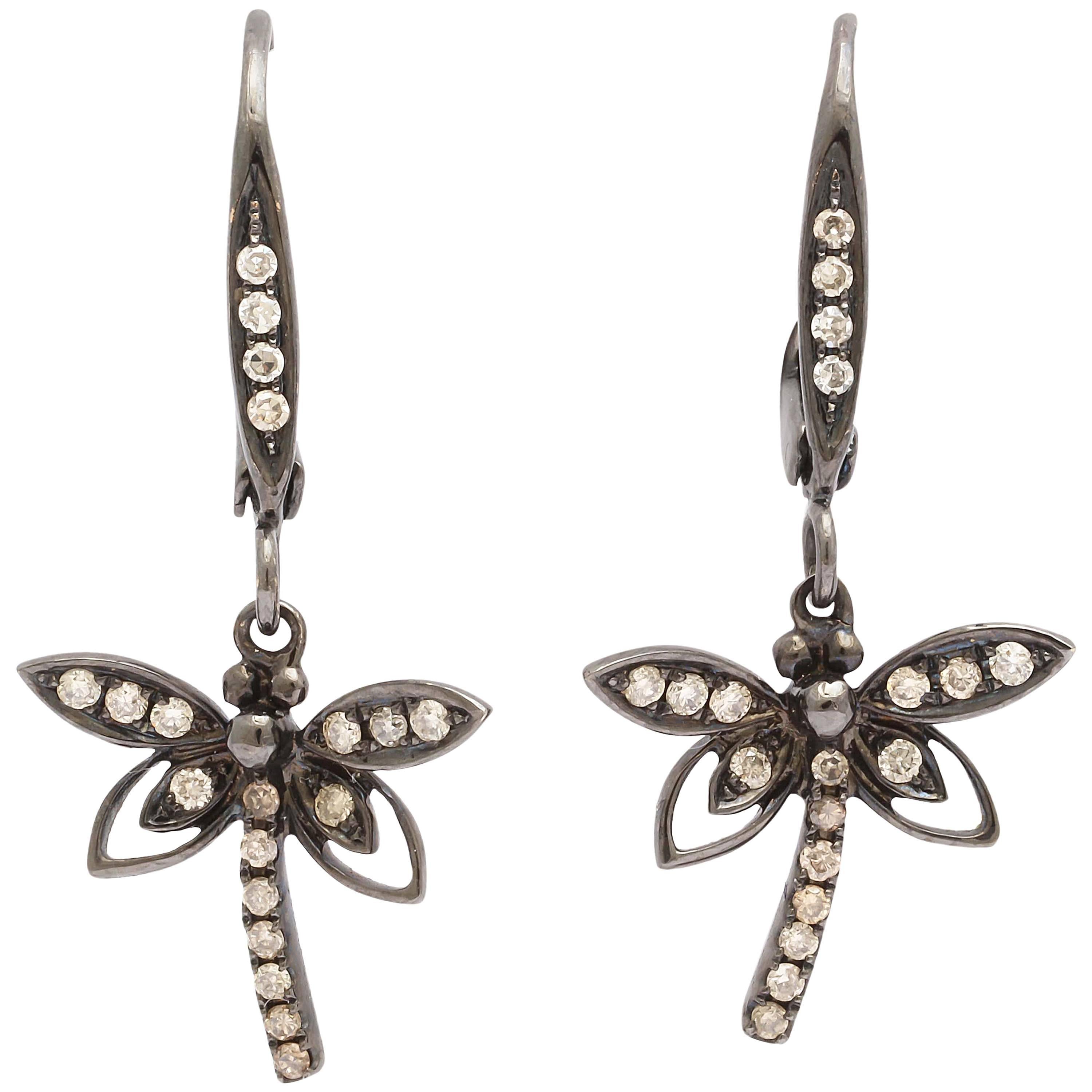 Delicate Gold and Diamond Dragonfly Earrings For Sale