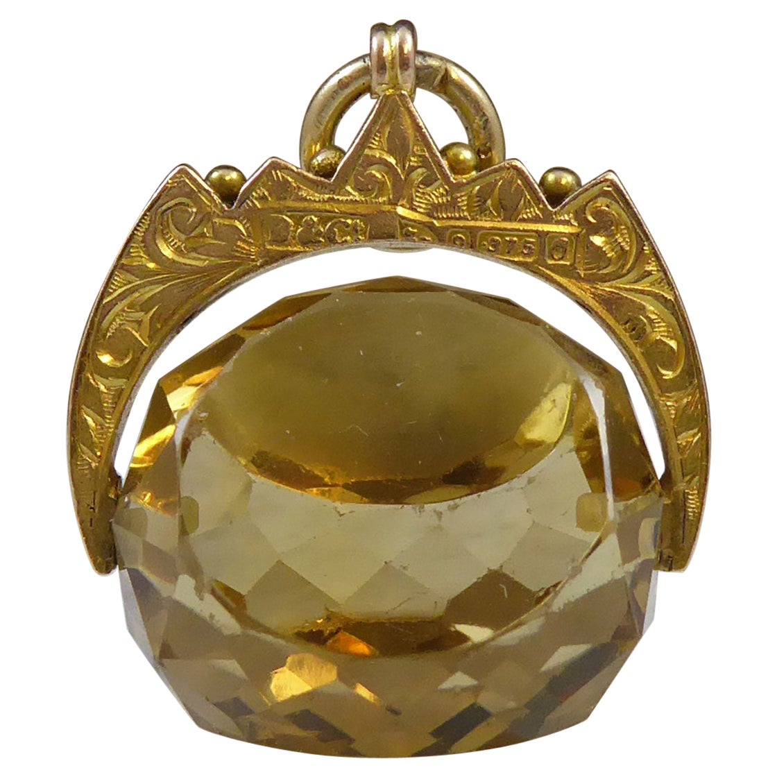 Art Nouveau Antique Citrine and 9ct Gold Spinner Fob, Hallmarked Chester, 1914