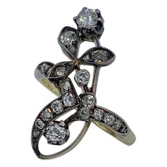 Bague de fiançailles russe Art nouveau en or 14 carats avec fleur en diamant taille vieille mine et diamant