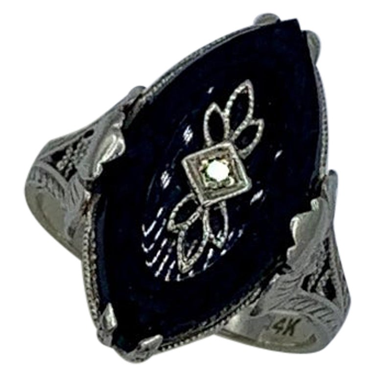 Art Deco Diamond Black Onyx Ring Edwardian Filigree 14 Karat White Gold