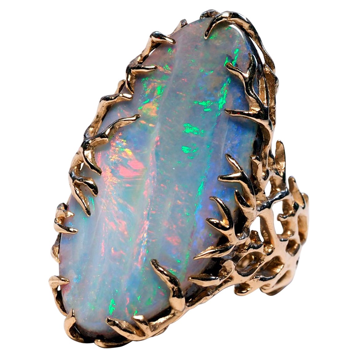 Boulder Opal Ring Gold Statement Art Nouveau style ring large For Sale