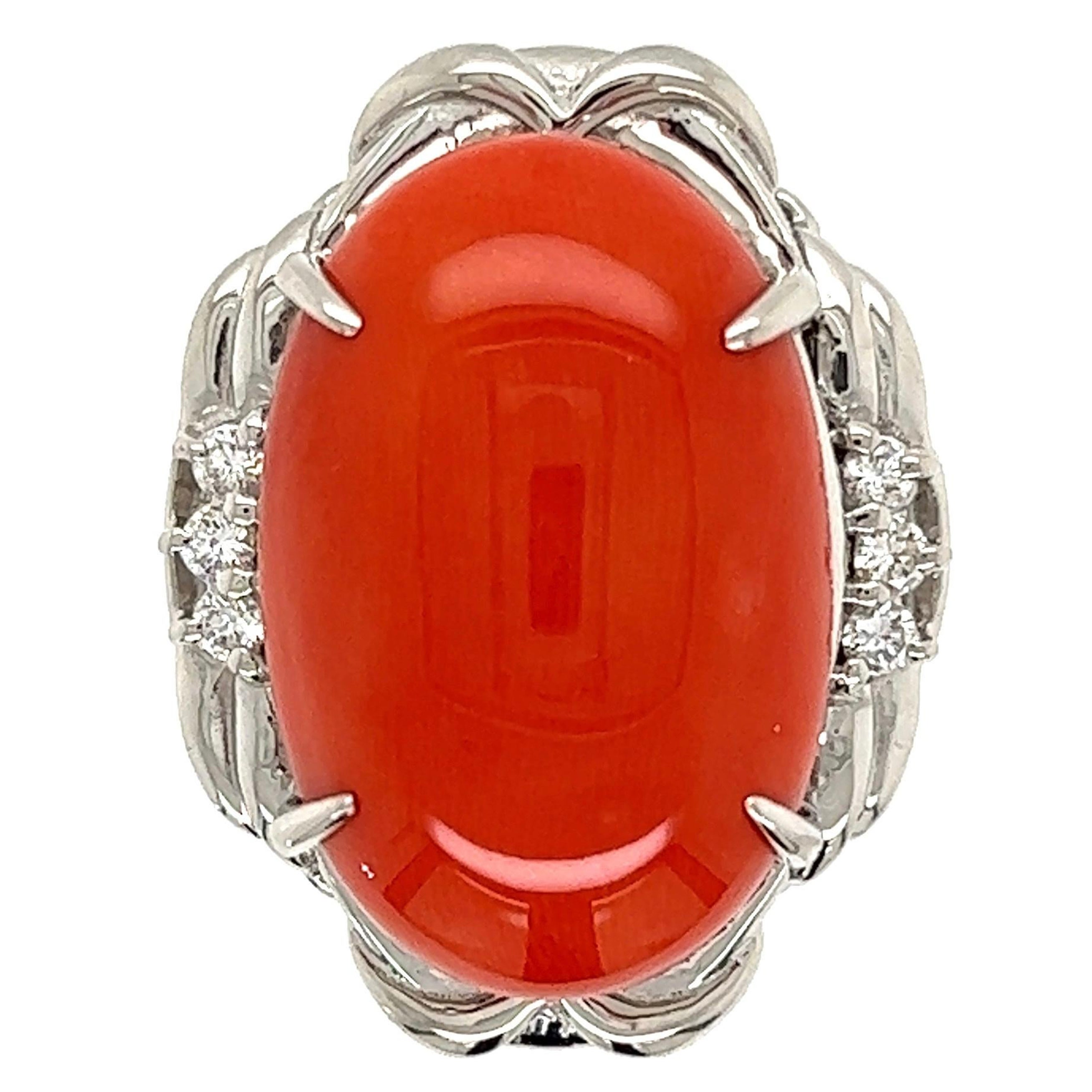12 Carat Coral and Diamond Platinum Ring Estate Fine Jewelry For Sale