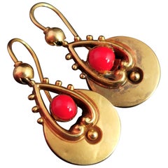 Antique Victorian 15kt Gold Earrings, Coral Paste, Etruscan Revival