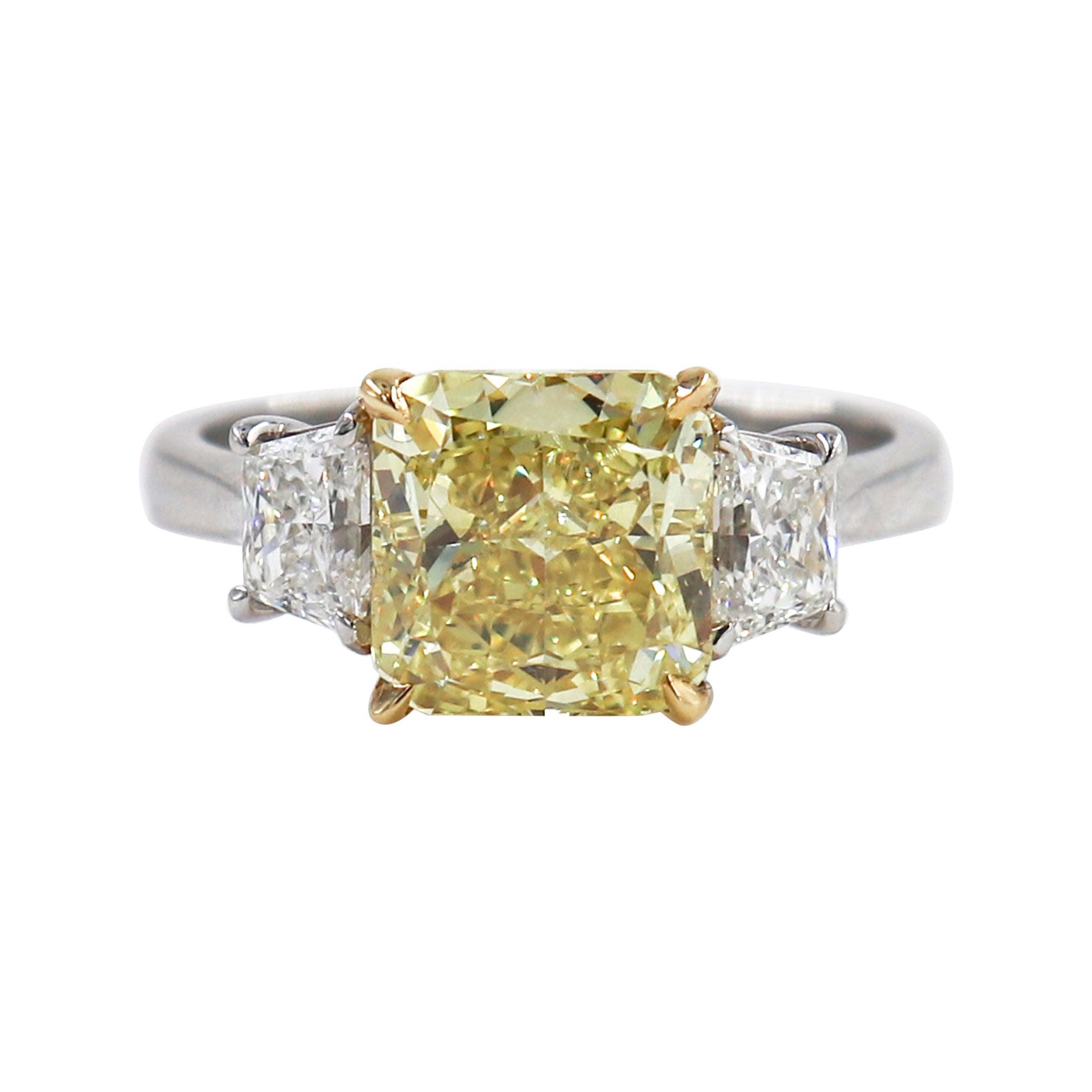 J. Birnbach GIA 2.86 ct Fancy Yellow Vivid Radiant Diamond Three Stone Ring For Sale
