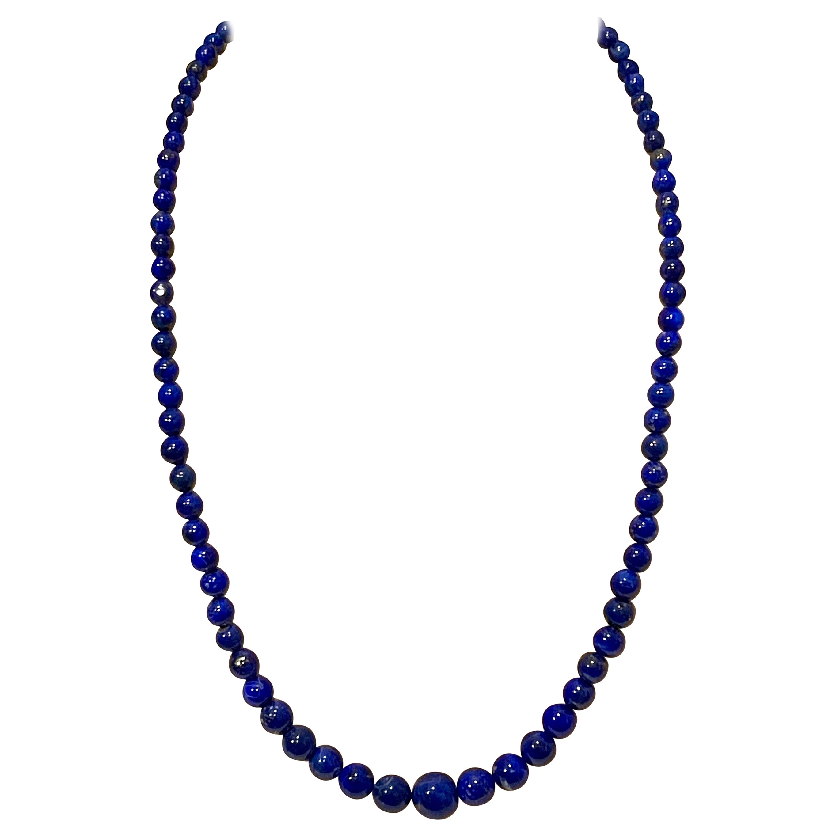 Vintage Lapis Lazuli Single Strand Necklace with 14 Karat Yellow Long Hook Clasp For Sale