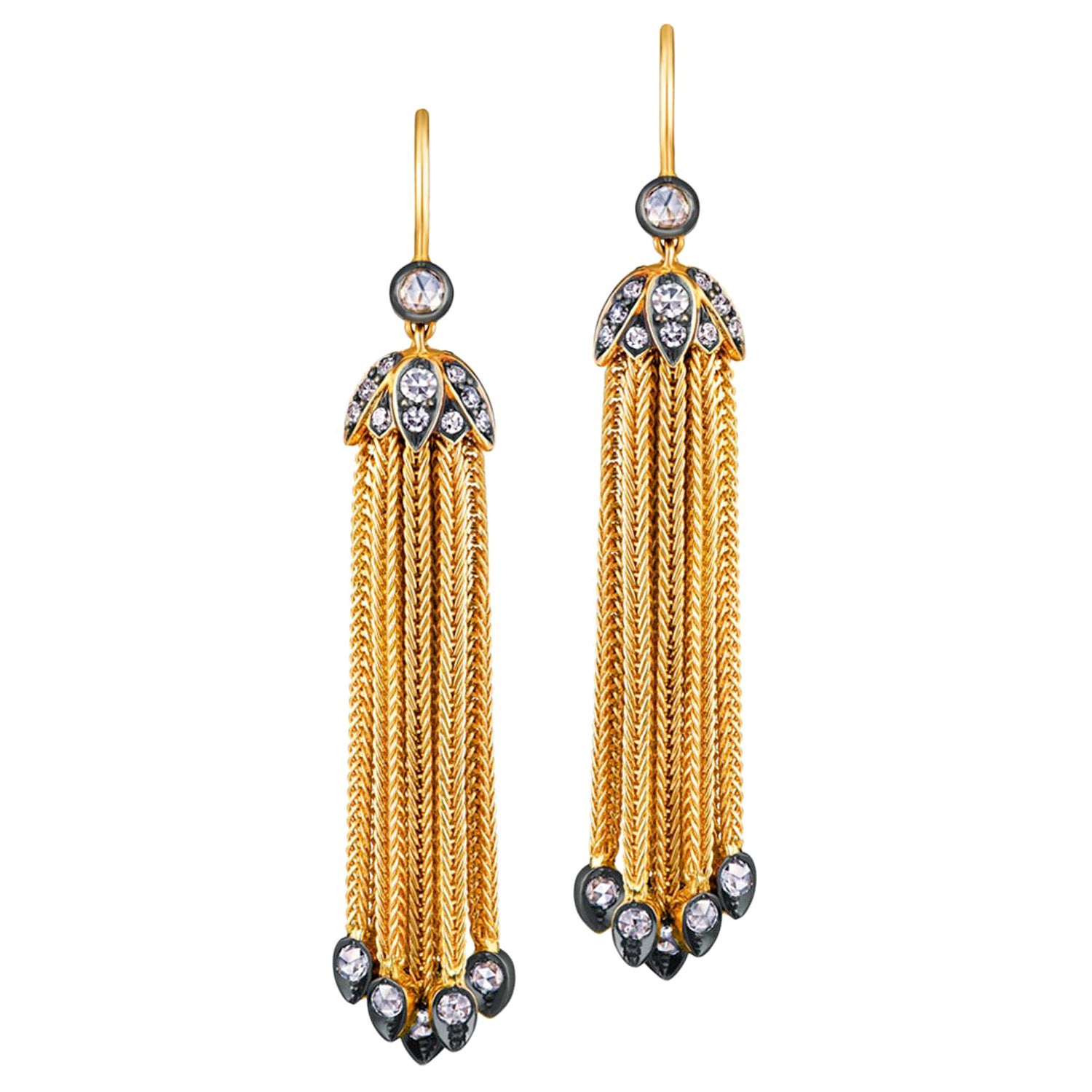 18 Karat Yellow Gold Foxtail Chain Diamond Tassel Earrings Signed Fred Leighton