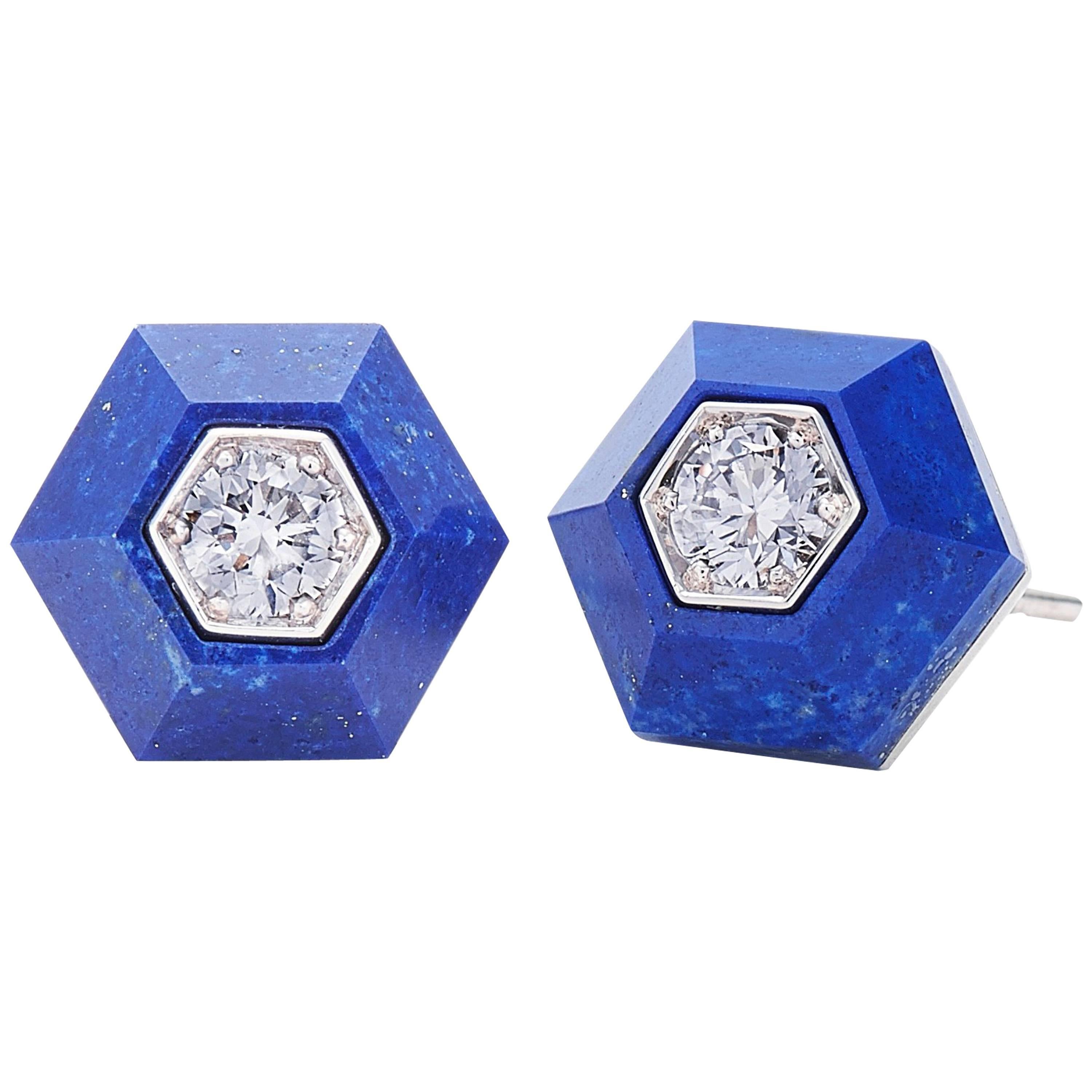 Fred Leighton Lapis and Diamond Hexagonal Stud Earrings For Sale