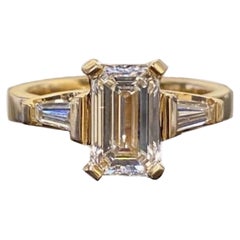 18K Yellow Gold Three Stone GIA Certified Emerald Cut Diamond Engagement Ring