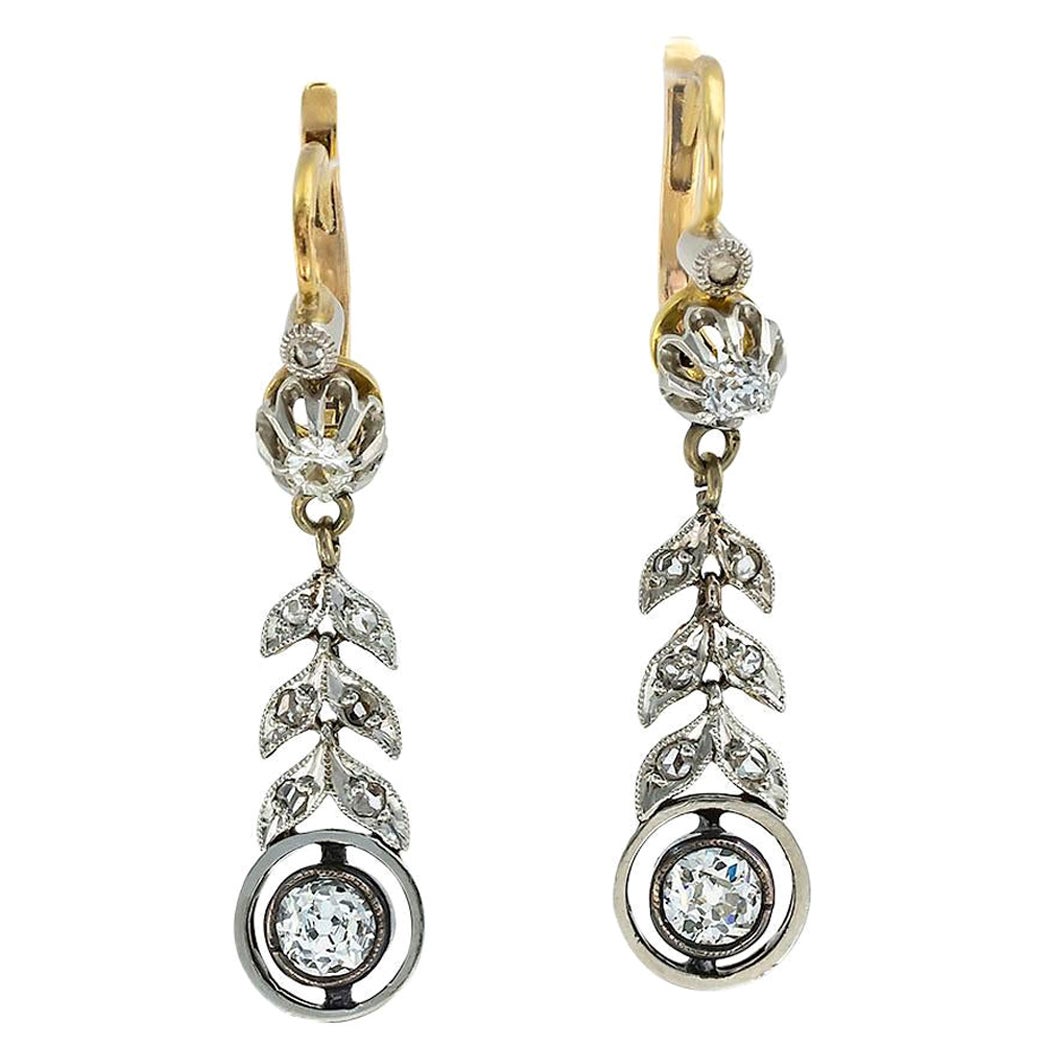 Edwardian Diamond Gold Platinum Drop Earrings