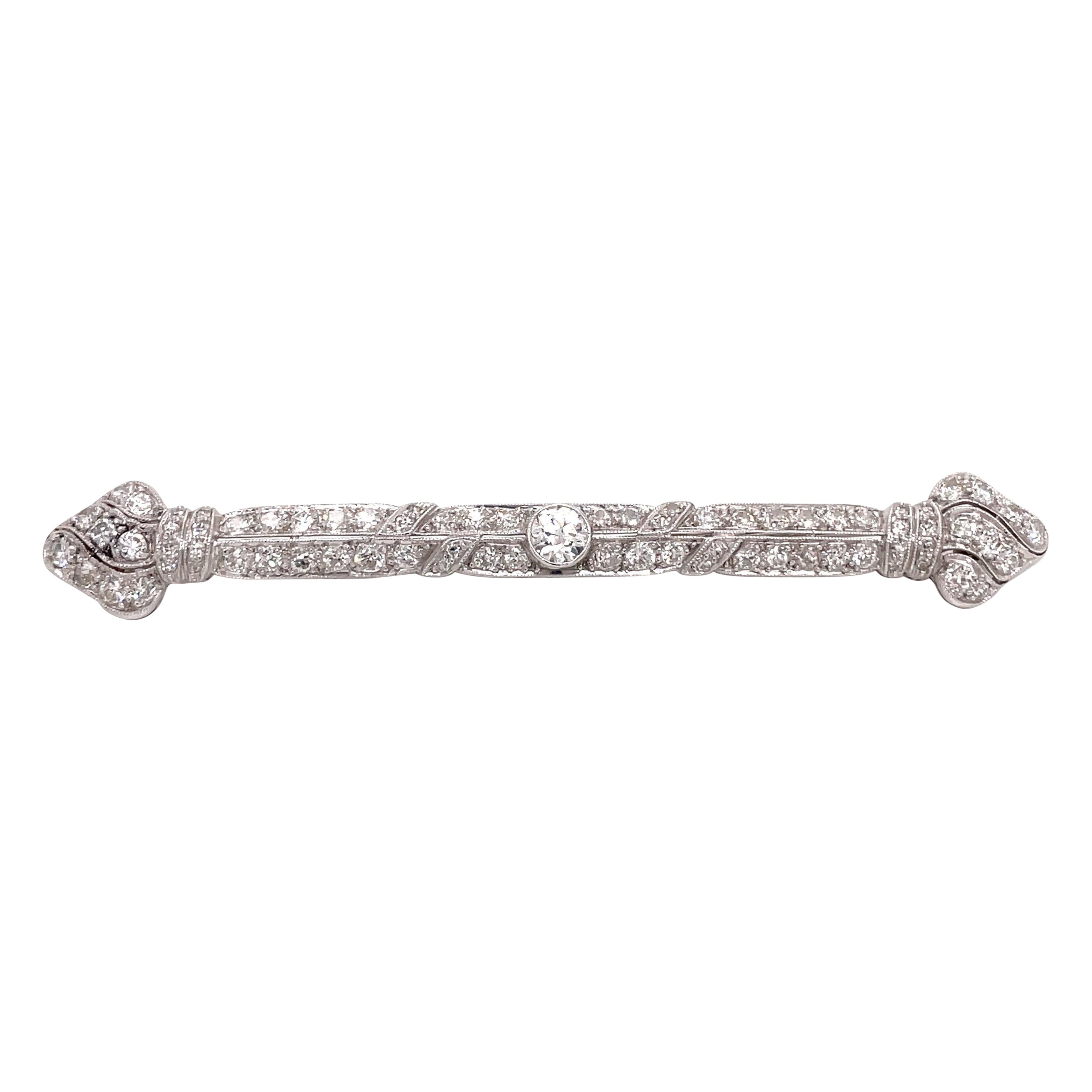 Antique Art Deco Platinum Diamond Bar Pin with Finials 2ct For Sale