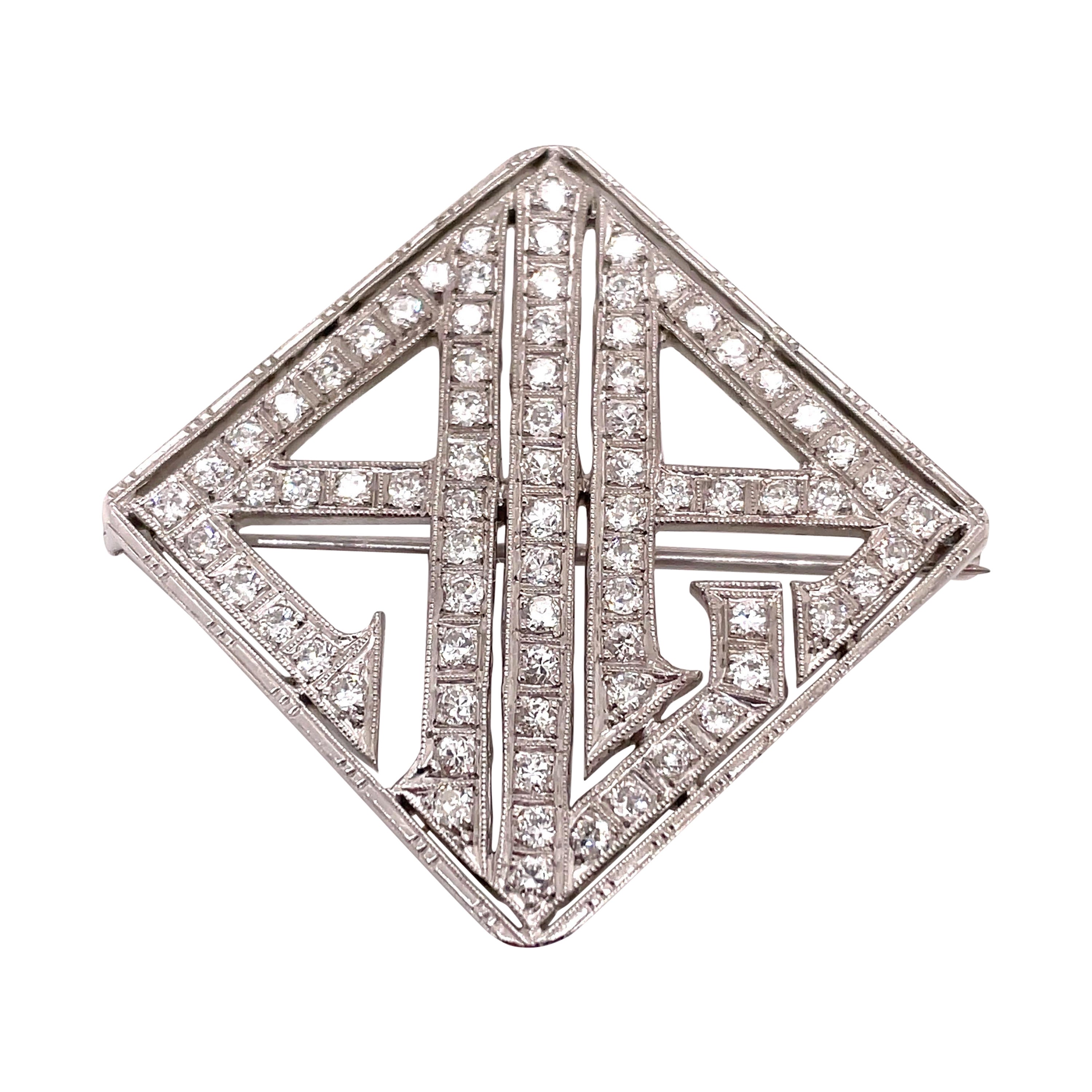 Platinum Art Deco Diamond Monogram A.L.A. Brooch For Sale