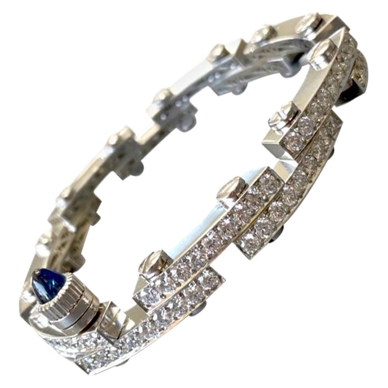 Handmade 18K White Gold Modern Blue Sapphire Pave Diamond Bracelet For Sale