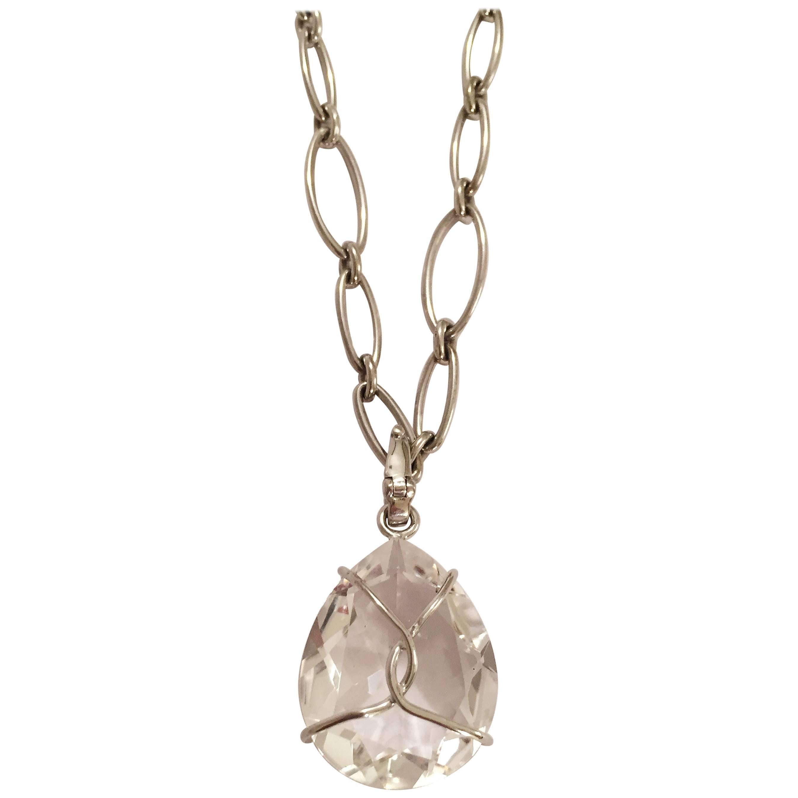 Elegant Marquise Link Chain Necklace with Removable Rock Crystal Pendant For Sale