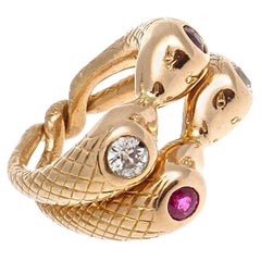 Victorian Intertwining Ruby Diamond Gold Snake Rings