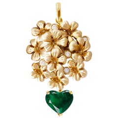 Used Yellow Gold Pendant Necklace with Diamonds and Certified Heart Cut Emerald