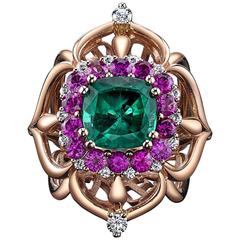 4.23 Carat GIA Cert Natural Green Emerald Pink Sapphire Diamond Gold Ring 4.23 Carat GIA Cert Natural Green Emerald Pink Sapphire Diamond Gold Ring