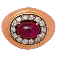 18k Gold Ribbed Ring with a Burma Ruby and Diamonds