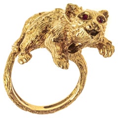 Vintage 18k Yellow Gold Textured Figural Kitten Ring