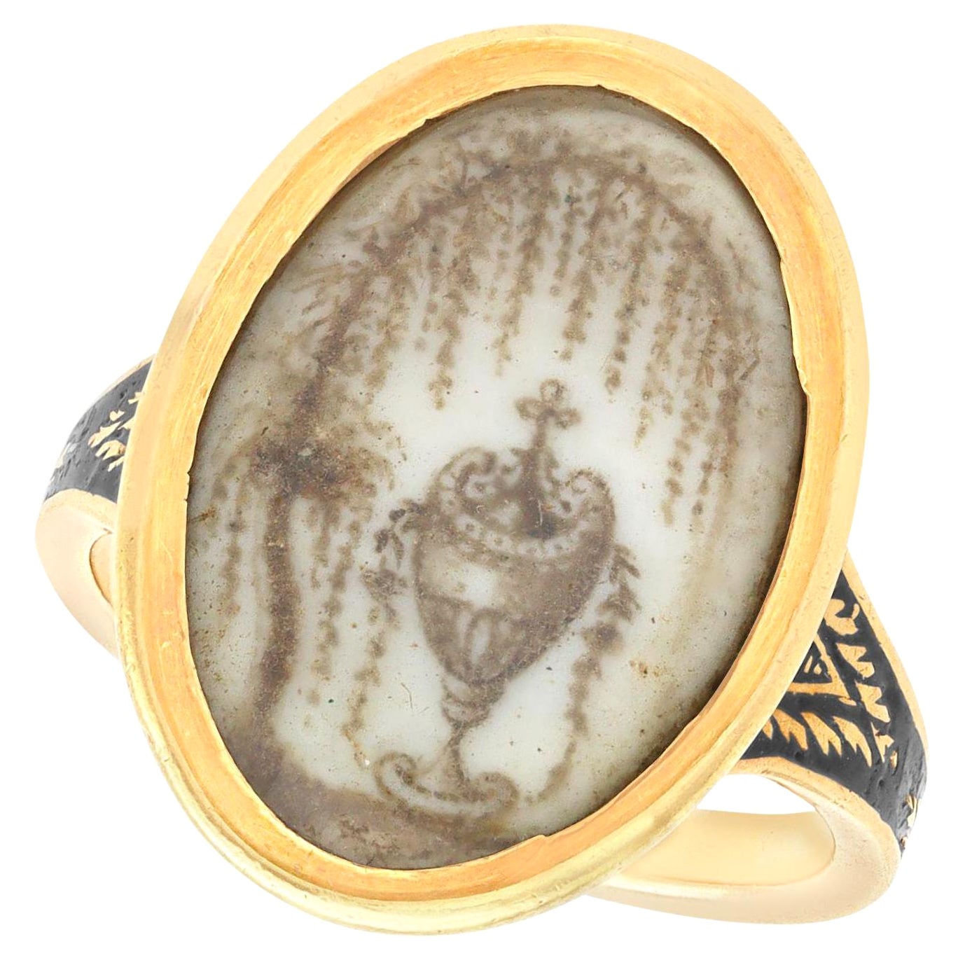 Antique Black Enamel and Yellow Gold Sepia Mourning Ring, Circa 1780