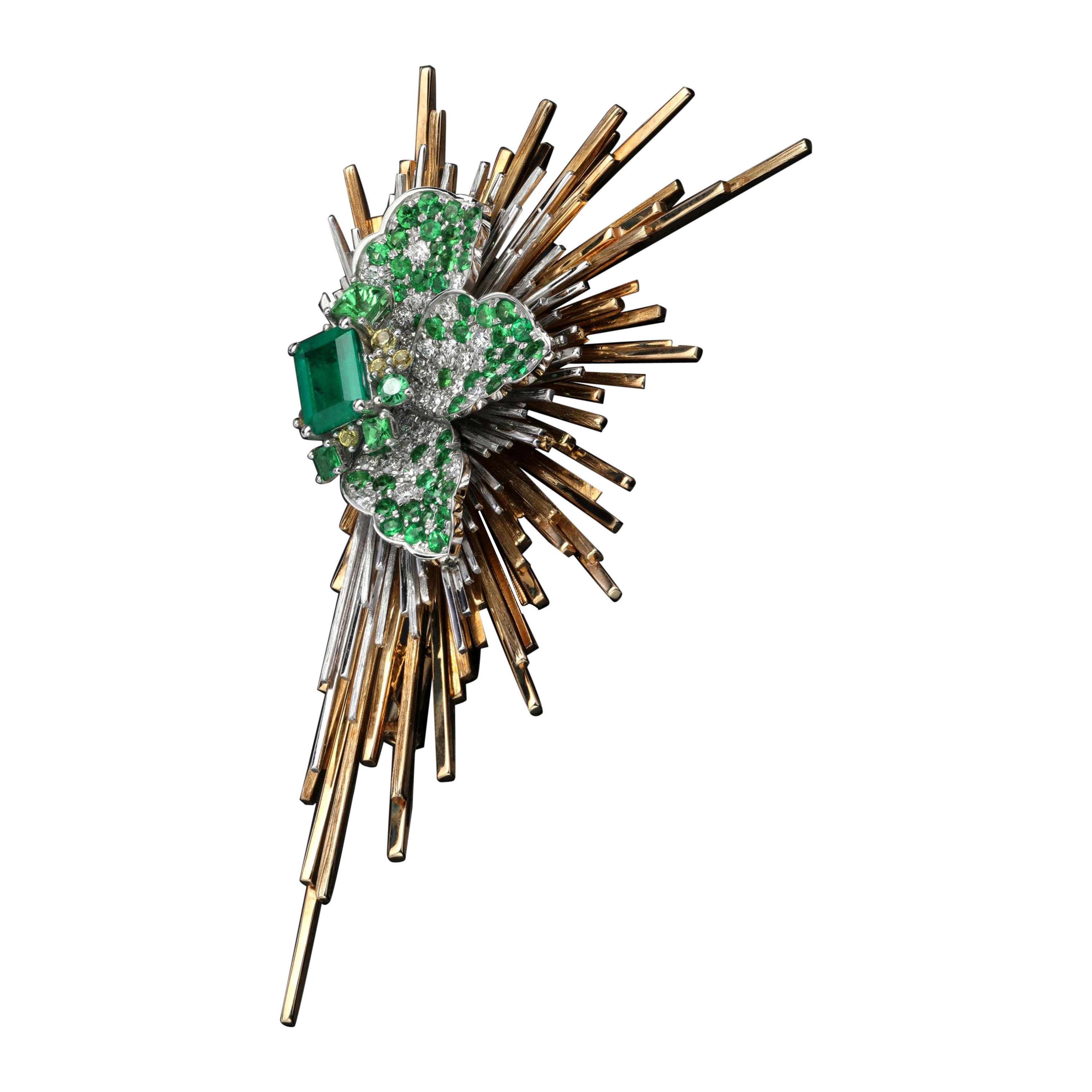 Brooch Emerald Diamond Tsavorite Sapphire Gold Unisex Jewellery