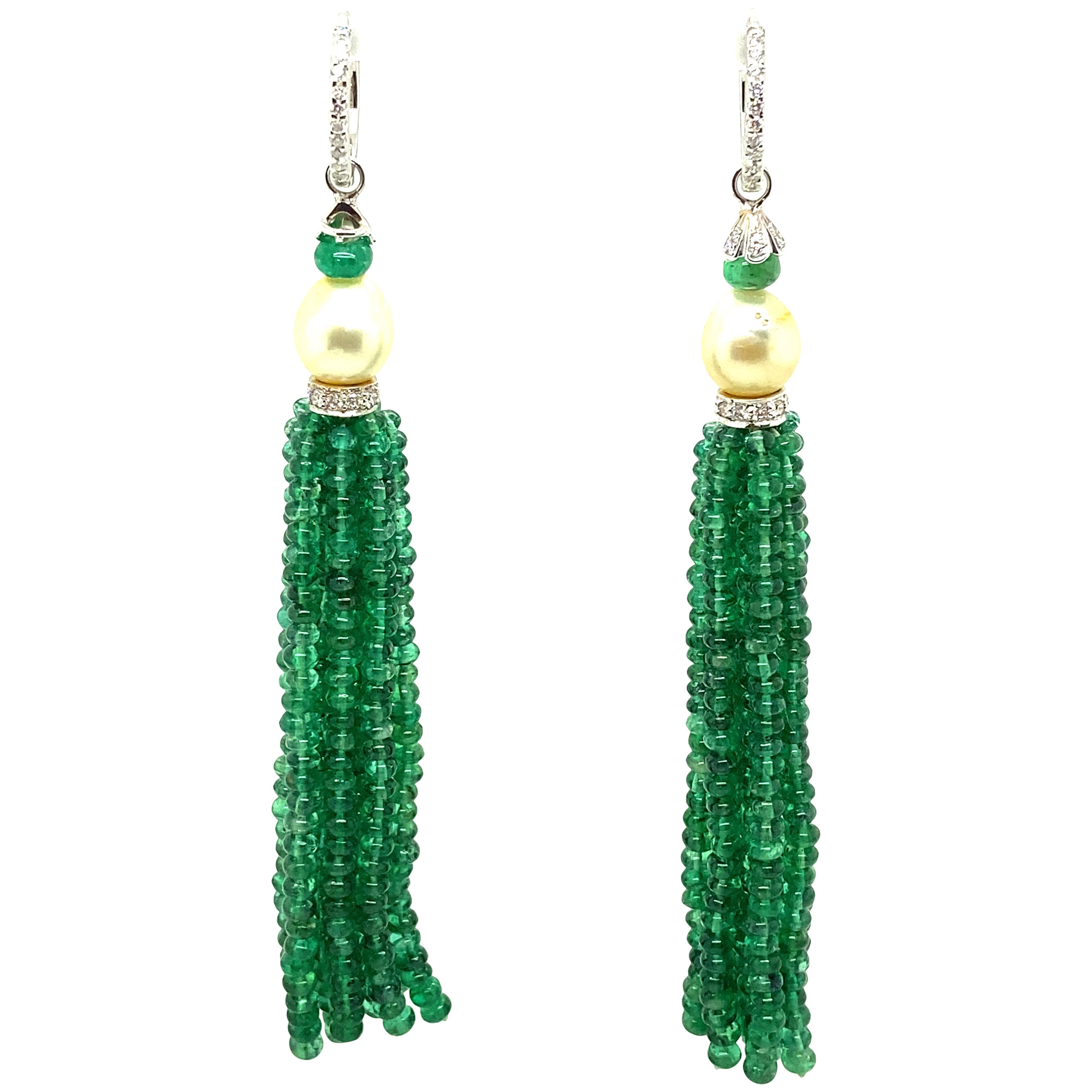 Natural Vivid Green Emerald Beads and Cultured Pearl Tassel Diamond Earrings For Sale