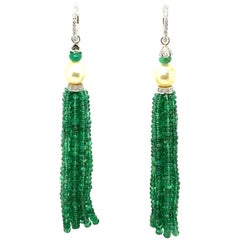 Natural Vivid Green Emerald Beads and Cultured Pearl Tassel Diamond Earrings