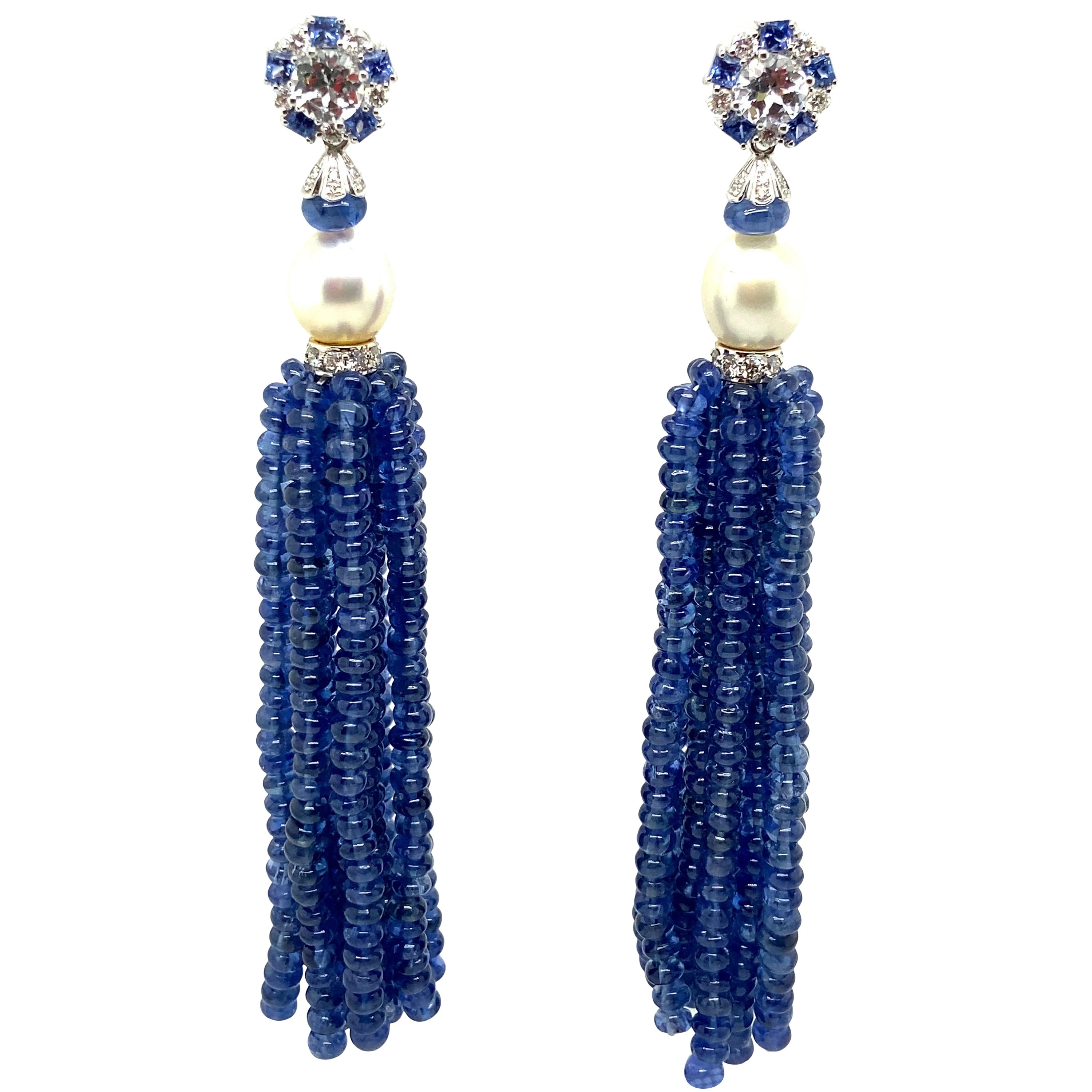 Vivid Blue Sapphire Beads and Pearl Tassel Diamond Earrings For Sale