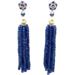 Natural Vivid Blue Sapphire Beads and Cultured Pearl Tassel Diamond Earrings