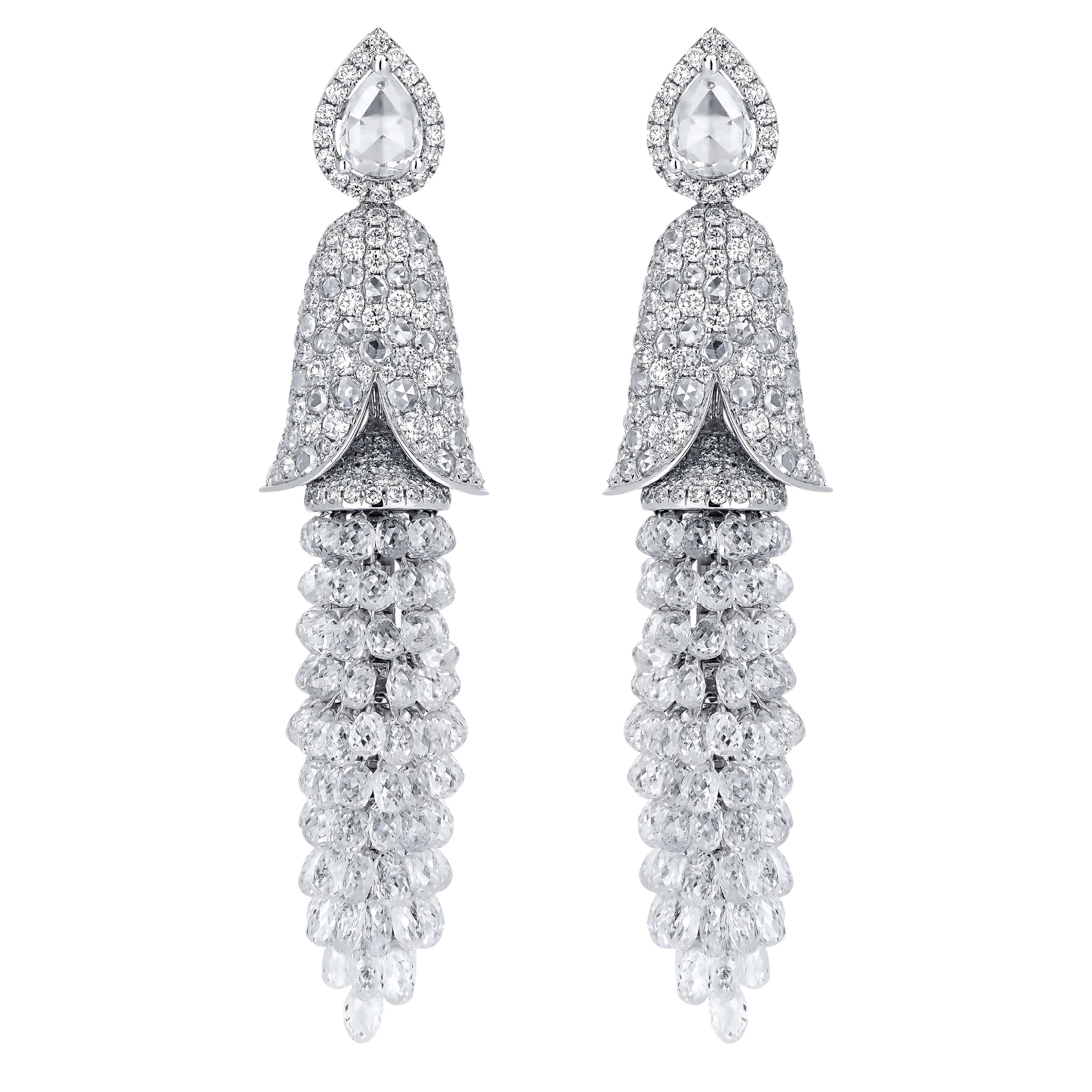 Briolette Cut Drop Diamond Dangle Earrings in 18k White Gold