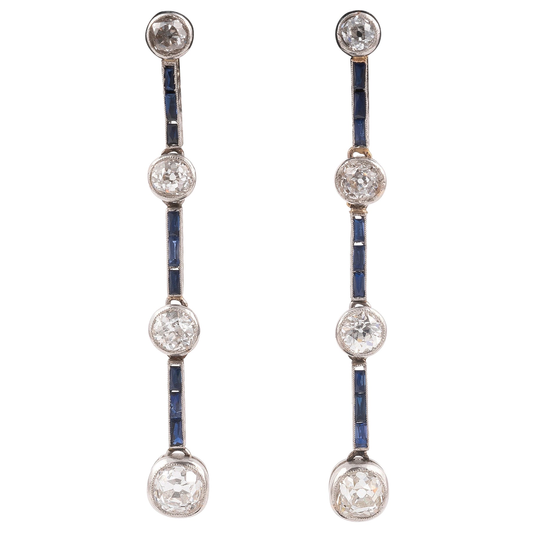1920s Diamond Sapphire Platinum Drop Earrings For Sale