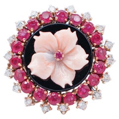 Pink Coral, Onyx, Rubies, Diamonds, 14 Karat Rose Gold Retrò Ring