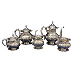 Vintage Frank M. Whiting 5 Piece Hand Chased with Gold Gild Sterling Silver Tea Set over