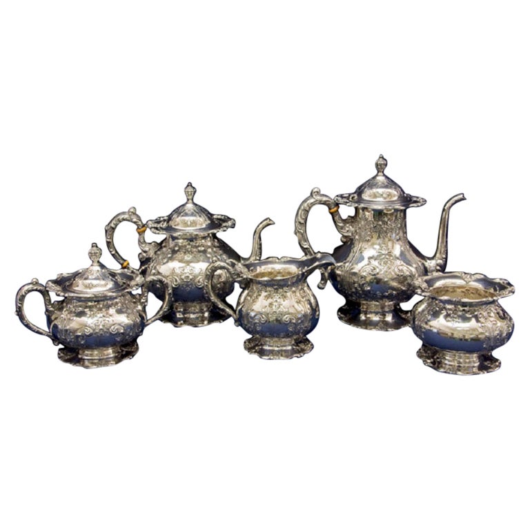 Frank M. Whiting 5 Piece Hand Chased with Gold Gild Sterling Silver Tea