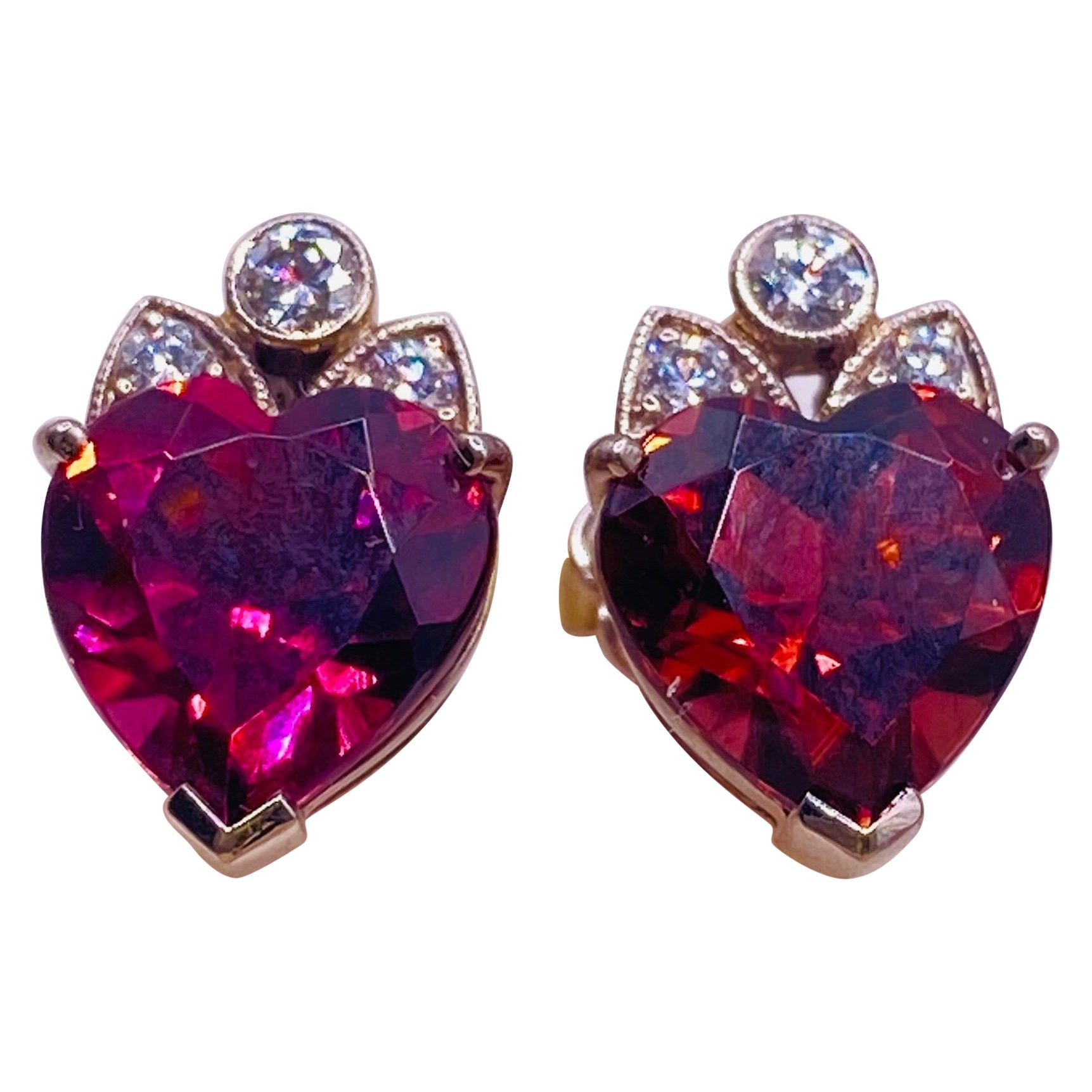 Heart Cut Rubellite and Diamond White Gold Earrings