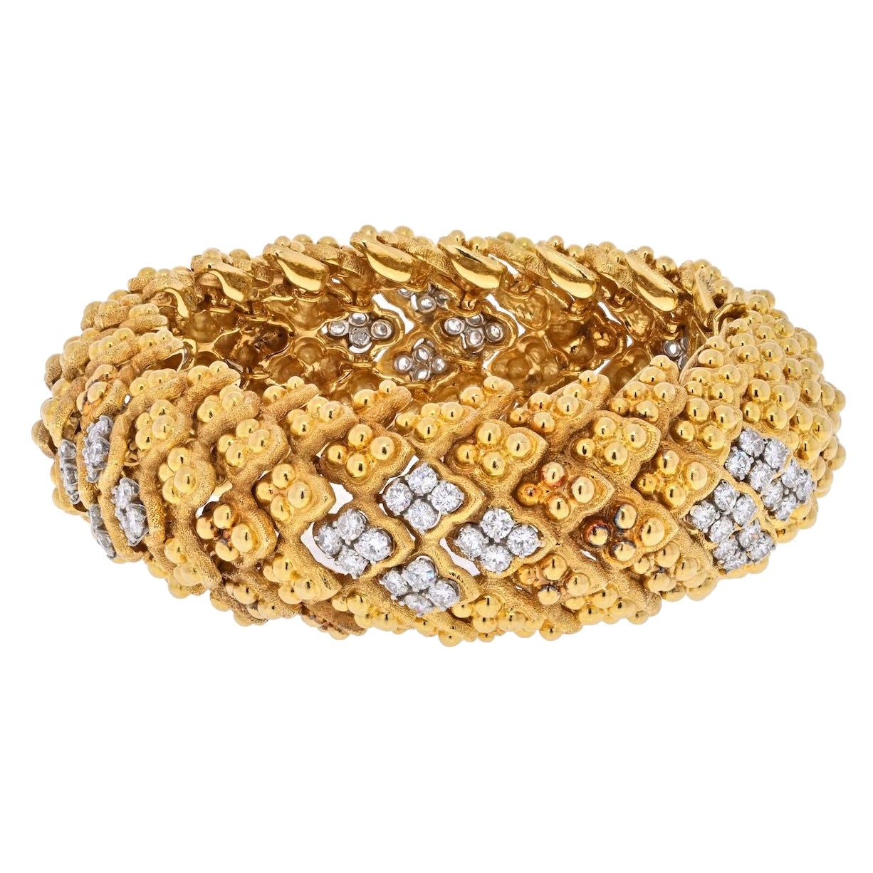 David Webb Platinum & Yellow Gold Warty Textured Diamond Sections Wide Bracelet For Sale