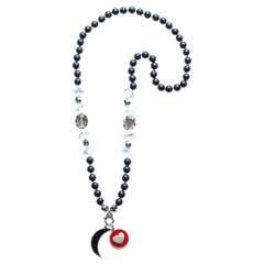 Clarissa Bronfman Onyx Crystal Diamond Enamel Heart Moon Pendant Beaded Necklace