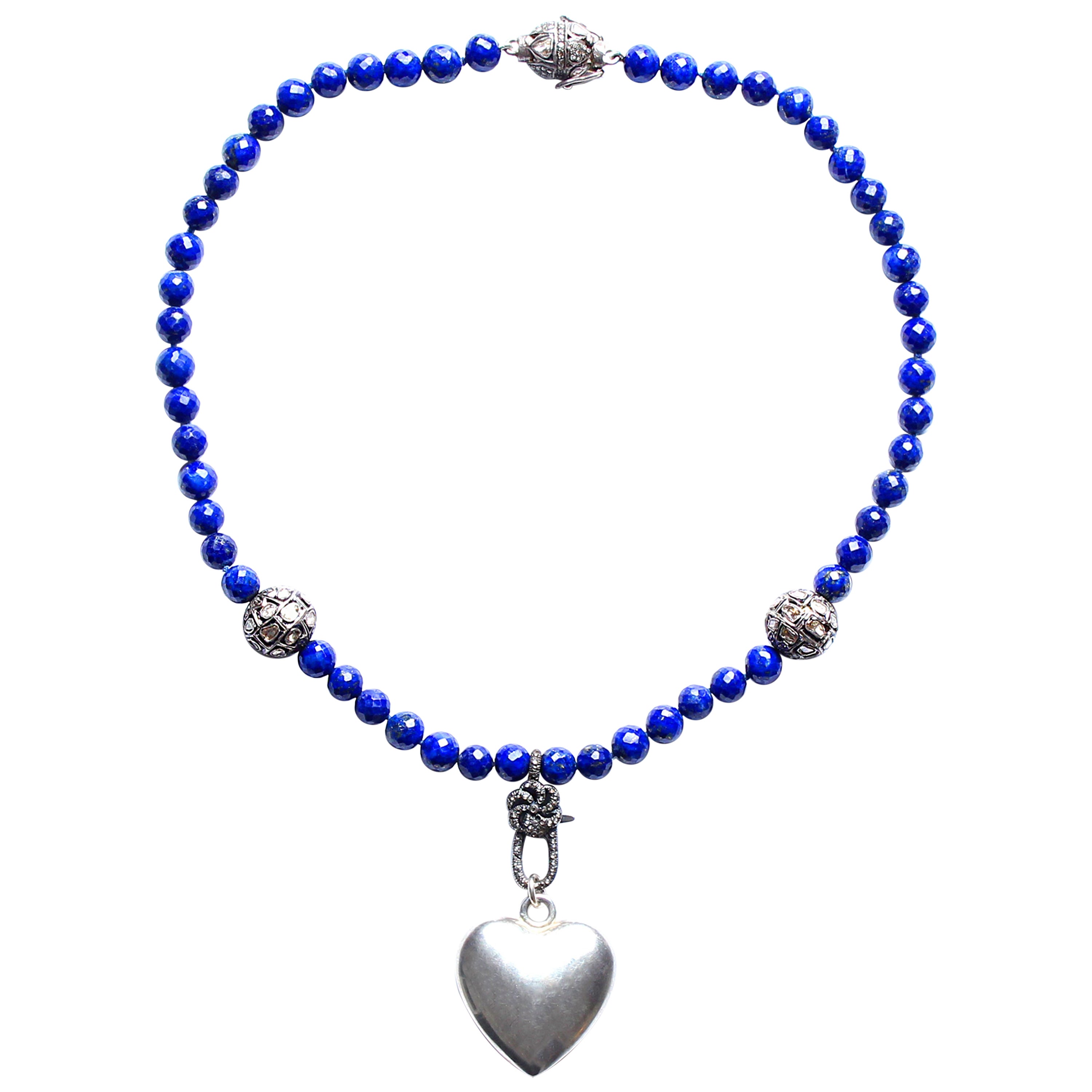 Clarissa Bronfman Halskette mit Herzperlen aus Sterlingsilber mit Lapislazuli-Diamant im Rosenschliff im Angebot