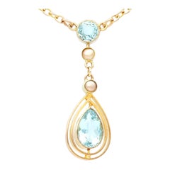 Antique 1.13 Carat Aquamarine and Seed Pearl Yellow Gold Necklace
