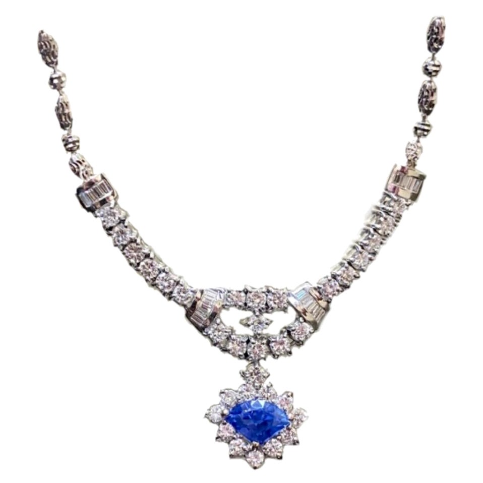 18K White Gold Baguette and Round Diamond Ceylon Blue Sapphire Necklace For Sale