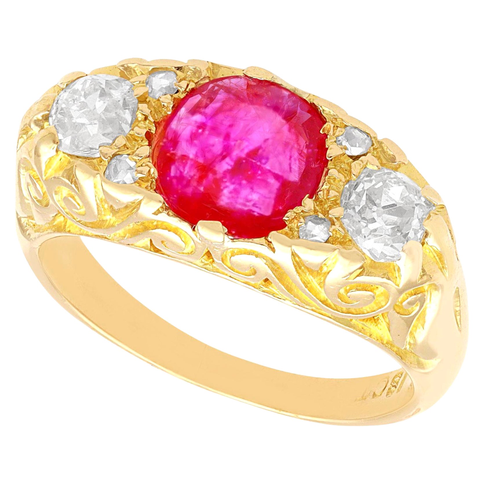 Antique 1.15 Carat Burmese Ruby and 1.36 Carat Diamond Yellow Gold Trilogy Ring For Sale