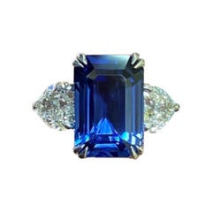 Three Stone Diamond 9 Carat GIA Certified Emerald Cut Sapphire Engagement Ring