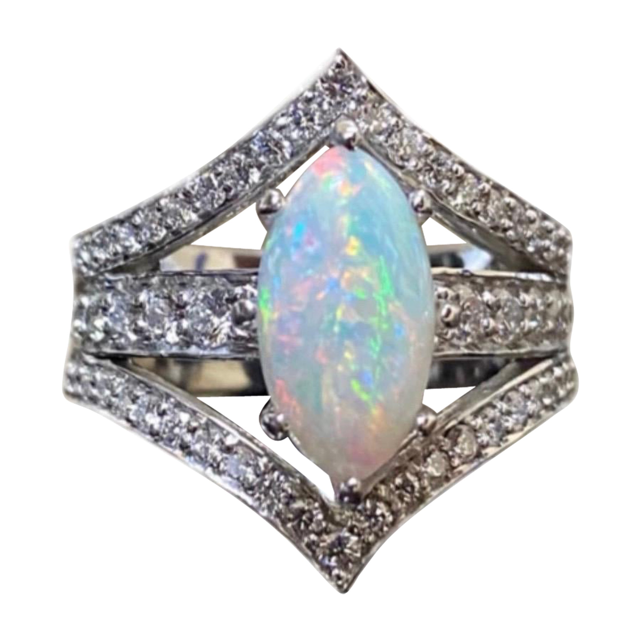 Art Deco Platinum Marquise Coober Pedy Opal Diamond Engagement Ring For Sale