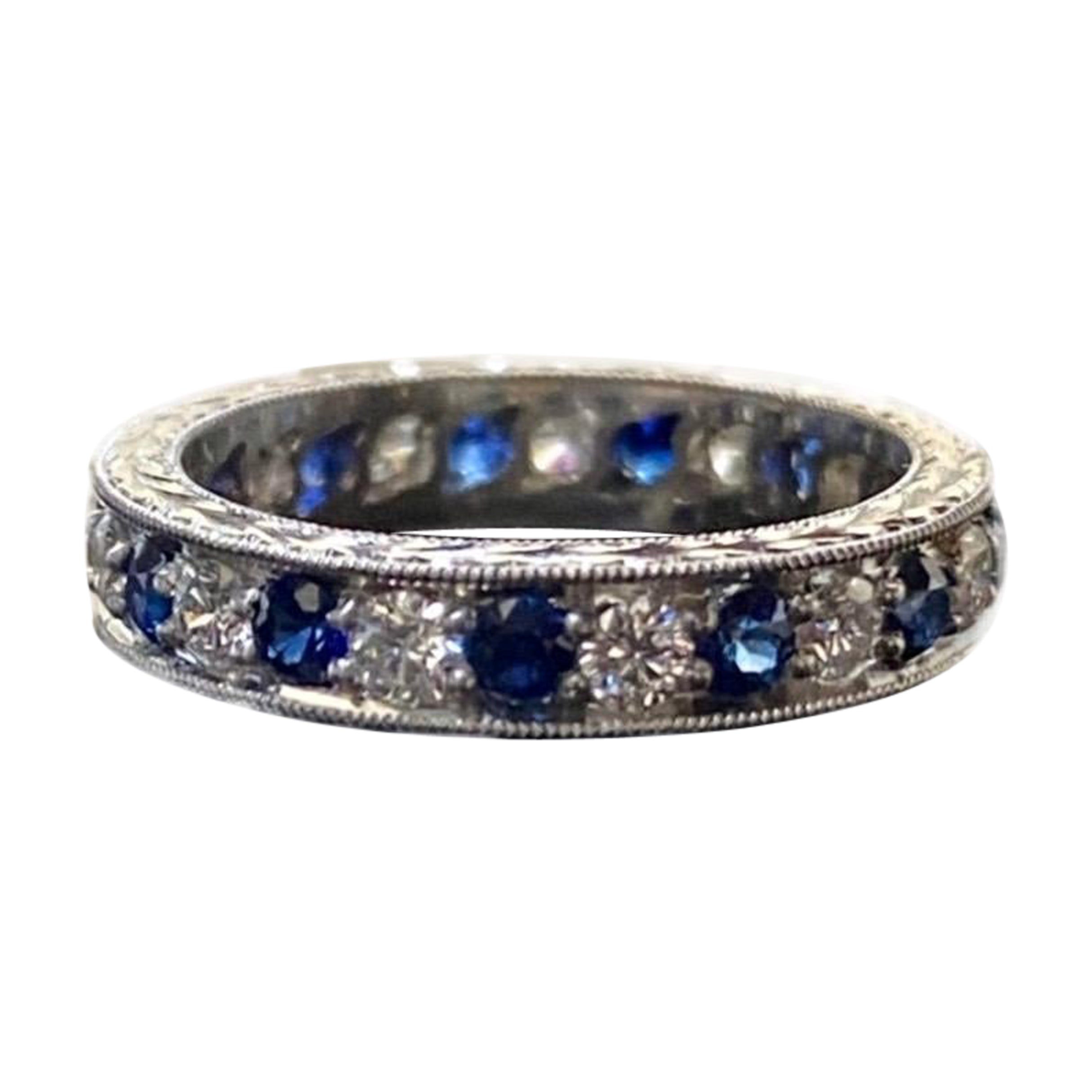 Art Deco Hand Engraved Platinum Eternity Diamond Blue Sapphire Engagement Band