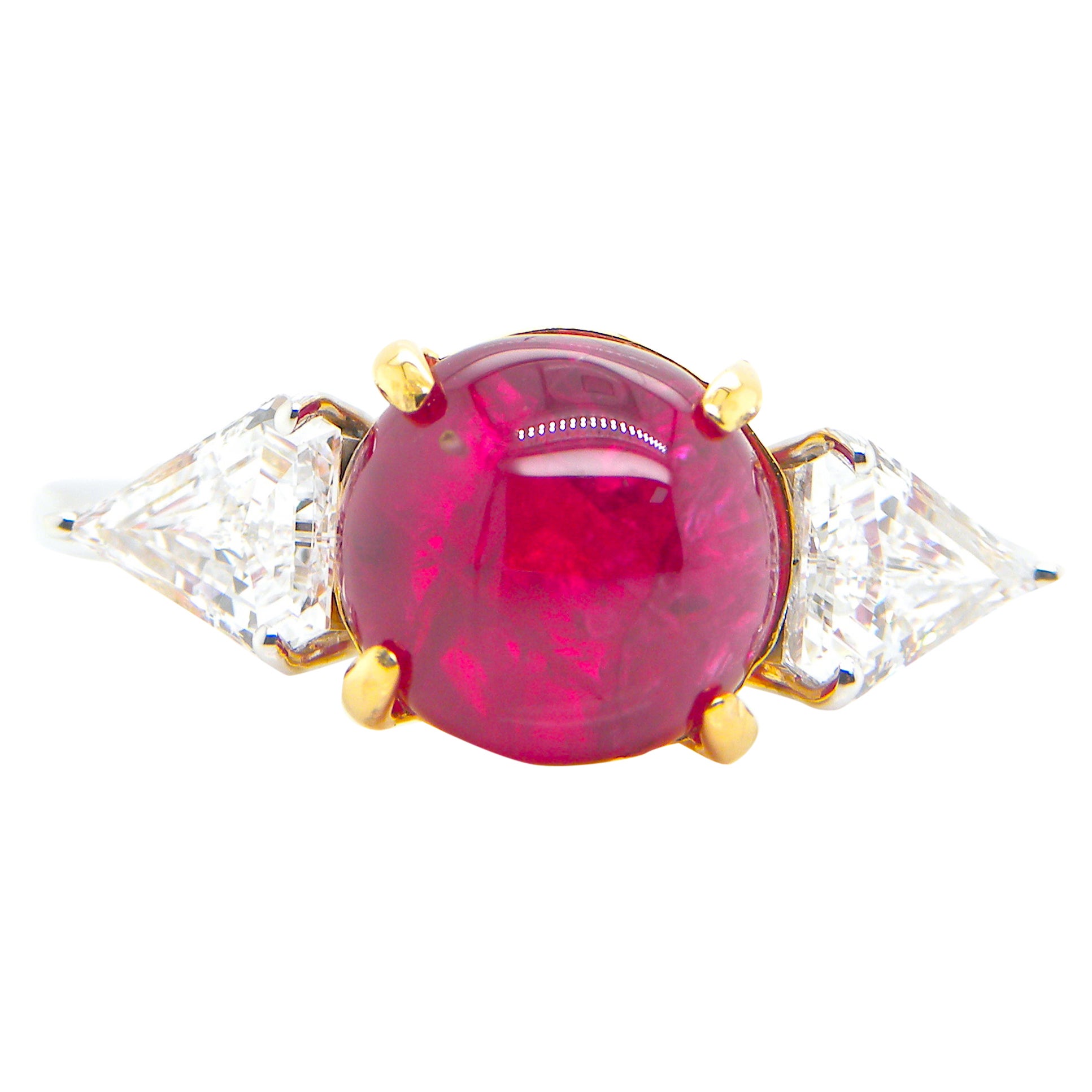 4.81 Carat GIA Certified Burma No Heat Vivid Red Ruby Cabochon and Diamond Ring