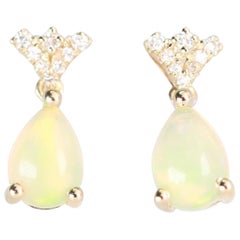 Classic Ethiopian Opal Pear Cab and Round Diamond 14K Yellow Gold Earring
