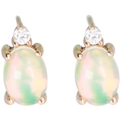 Vintage Classic Ethiopian Opal Oval Cab and Diamond 10K Yellow Gold Stud Earring