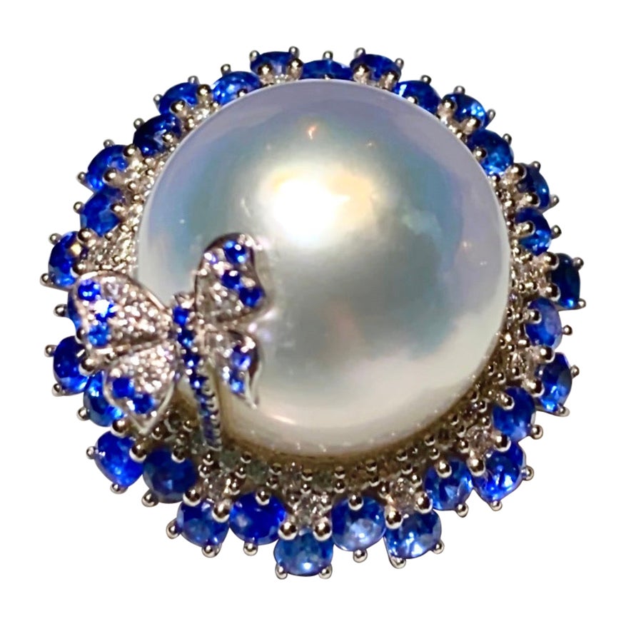 Eostre White South Sea Pearl, Blue Sapphire and Diamond Ring in 18K White Gold For Sale