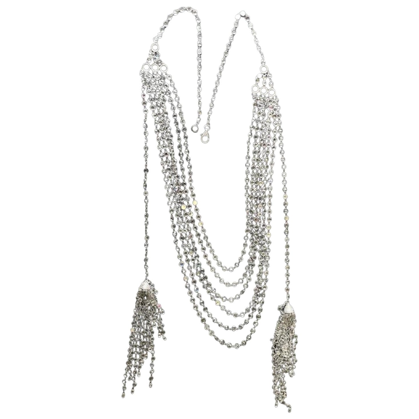 Panim Diamond Rosecut 6 Layered 18K White Gold duo Tassel Necklace For Sale